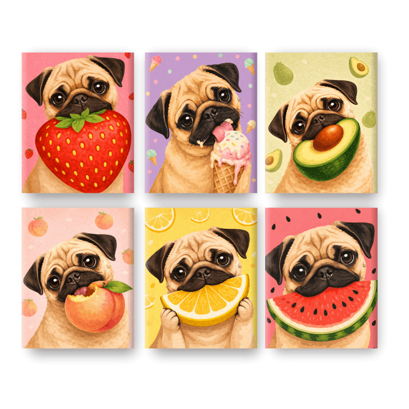 6 Mini Paintings - Dog & Fruit Set- Paint by Numbers