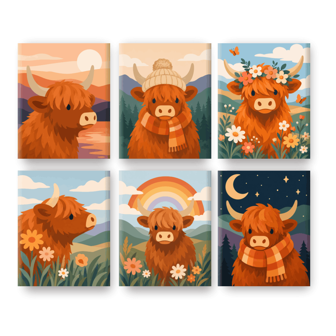 6 Mini Paintings - Highland Cows Set - Paint by numbers