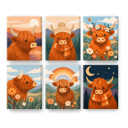 6 Mini Paintings - Highland Cows Set - Paint by numbers