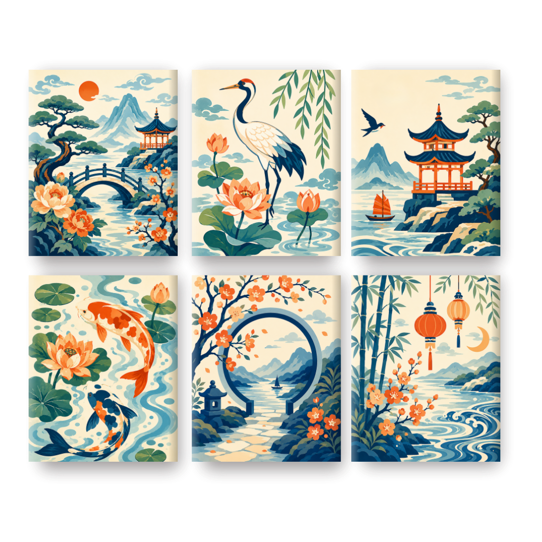 6 Mini Paintings - Chinese Lanterns Set- Paint by Numbers