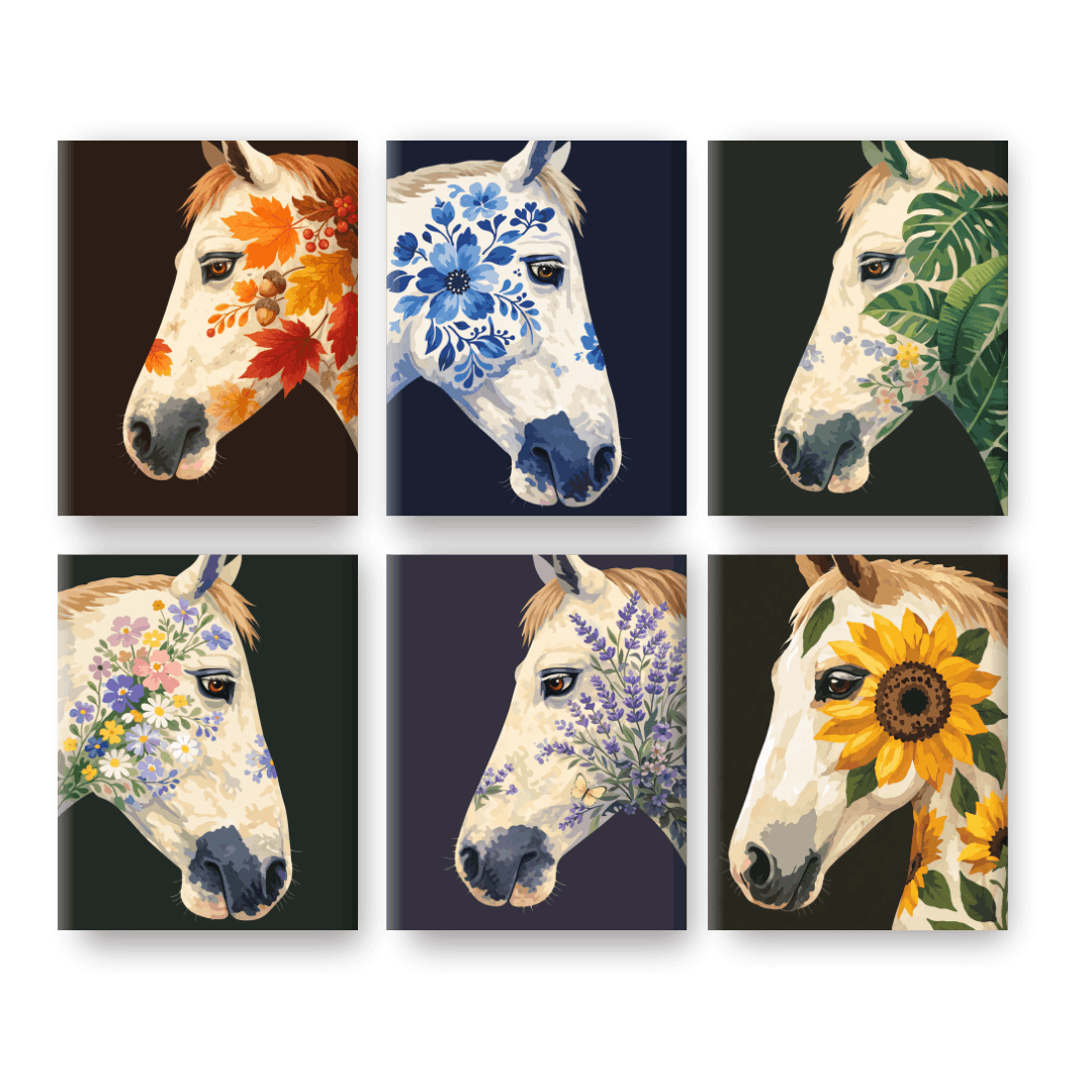 6 Mini Paintings - Flower Horses Set- Paint by Numbers