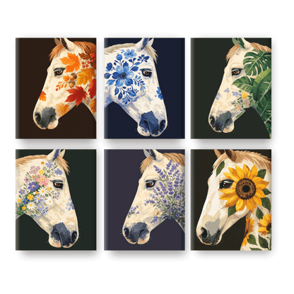 6 Mini Paintings - Flower Horses Set- Paint by Numbers