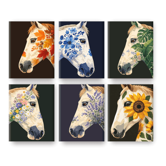 6 Mini Paintings - Flower Horses Set- Paint by Numbers