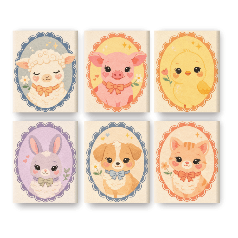 6 Mini Paintings - Cute Animals Set- Paint by Numbers
