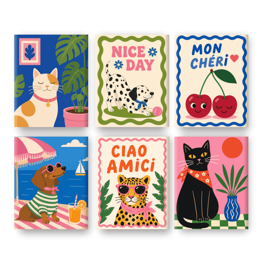 6 Mini Paintings - Chic Cats & Dogs Set- Paint by Numbers