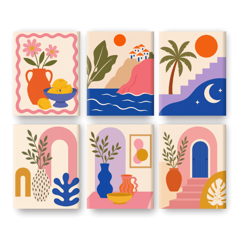 6 minimalerier - Rosa buer-sett - Maleri etter tall