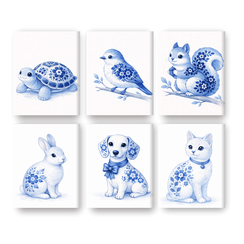 6 Mini Paintings - Delft Blue Animals Set- Paint by Numbers