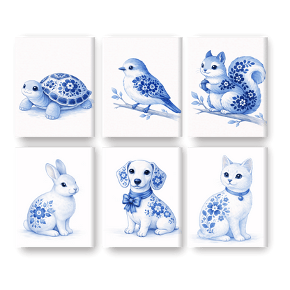 6 Mini Paintings - Delft Blue Animals Set- Paint by Numbers
