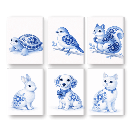 6 Mini Paintings - Delft Blue Animals Set- Paint by Numbers