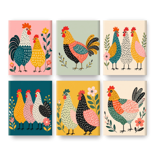 6 Mini Paintings - Happy Hens Set- Paint by Numbers