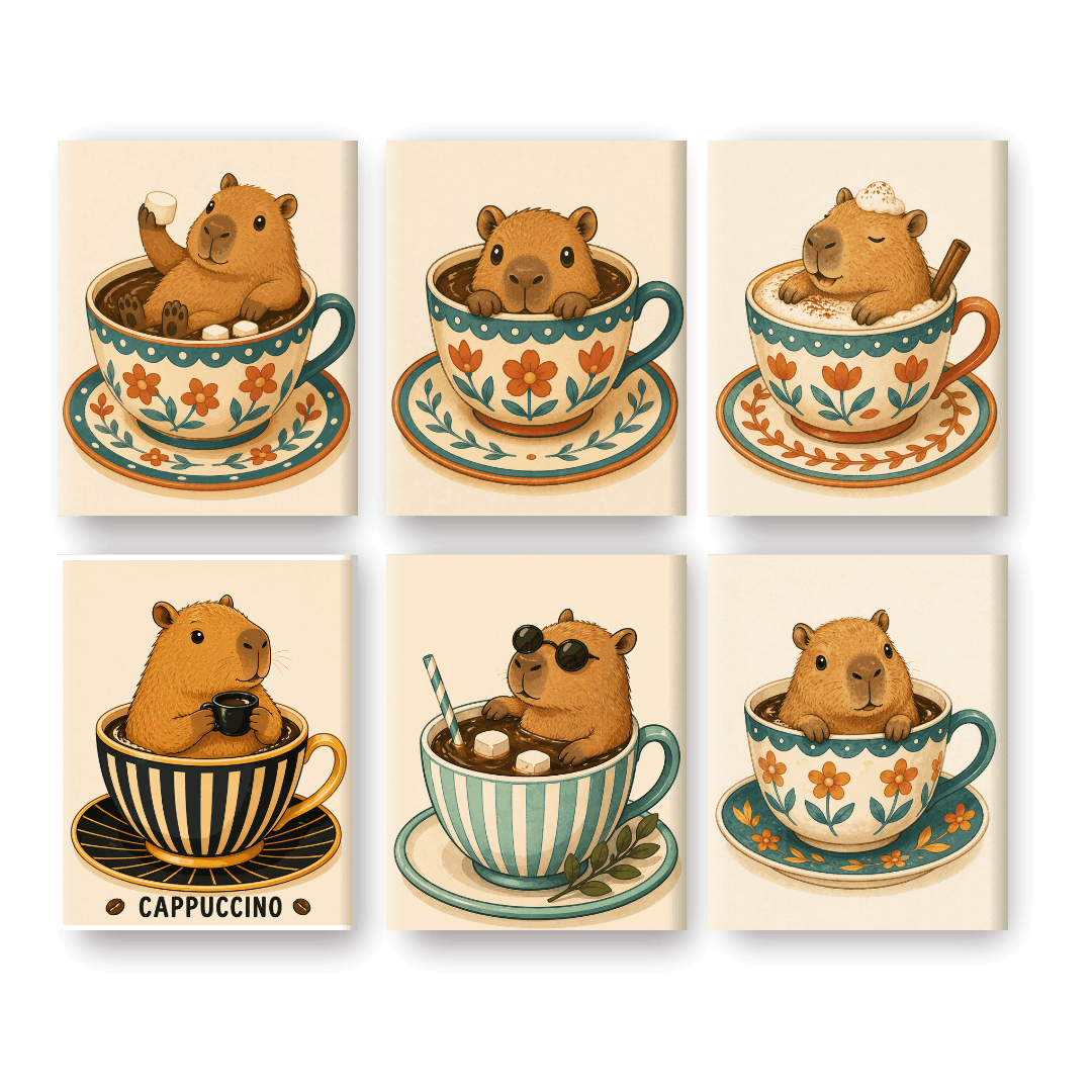 6 Mini Paintings - Capybaras in Cups Set- Paint by Numbers