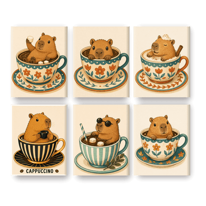 6 Mini Paintings - Capybaras in Cups Set- Paint by Numbers