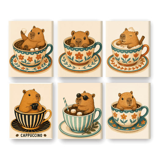 6 Mini Paintings - Capybaras in Cups Set- Paint by Numbers