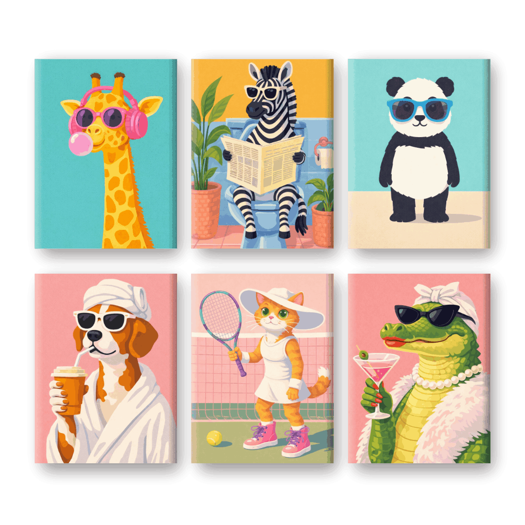 6 Mini Paintings - Funky Animals Set- Paint by Numbers
