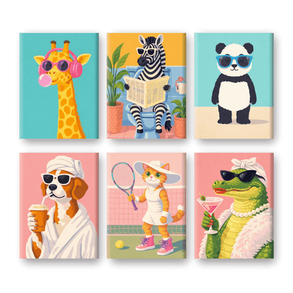 6 Mini Paintings - Funky Animals Set- Paint by Numbers