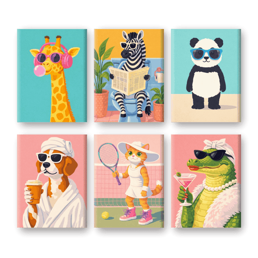 6 Mini Paintings - Funky Animals Set- Paint by Numbers