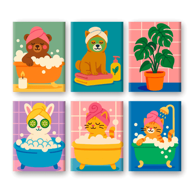 6 Mini Paintings | Bathroom Animals Set-Paint by numbers