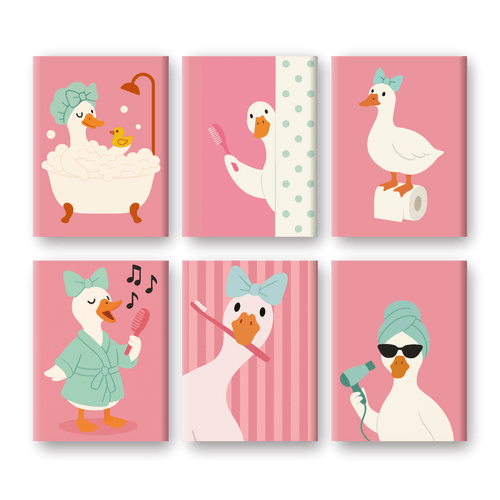 6 Mini Paintings - Bathroom Goose Set