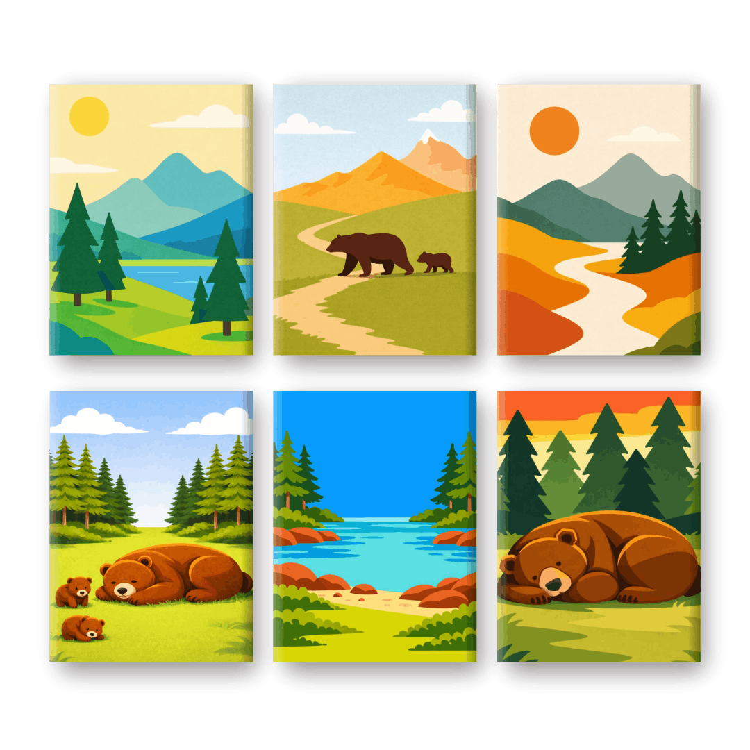 6 Mini Paintings - Bears & Landscapes Set- Paint by Numbers