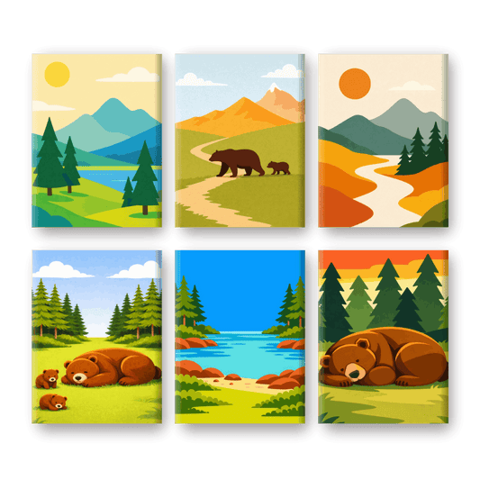 6 Mini Paintings - Bears & Landscapes Set- Paint by Numbers