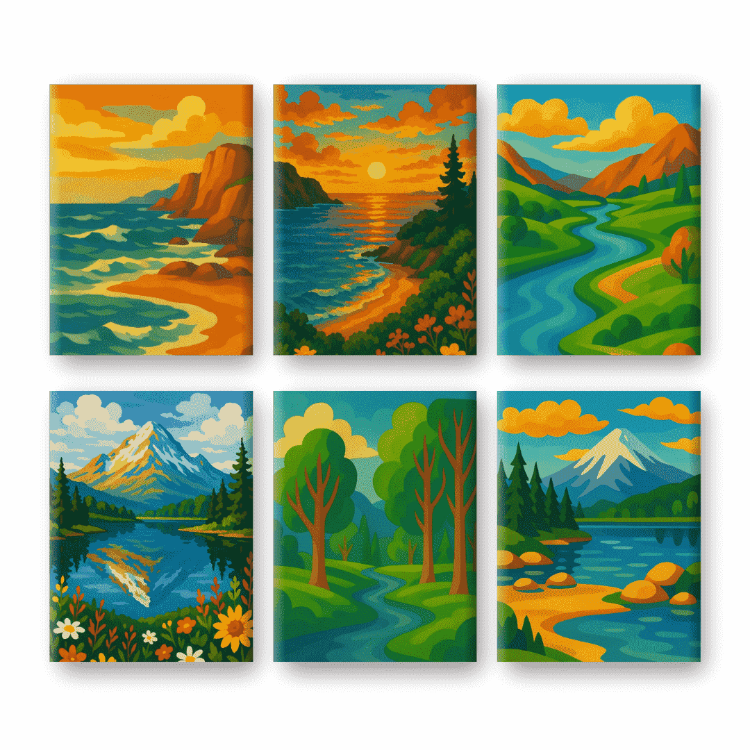 6 Mini Paintings - Beautiful Landscapes Set- Paint by Numbers