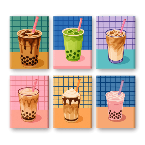 6 Mini Paintings - Boba Tea Set