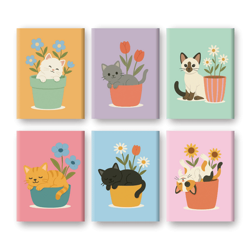 6 Mini Paintings -  Cats & Flowers Set