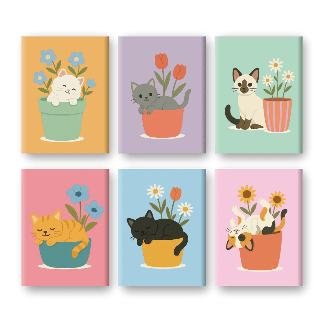 6 Mini Paintings    Cats & Flowers Set