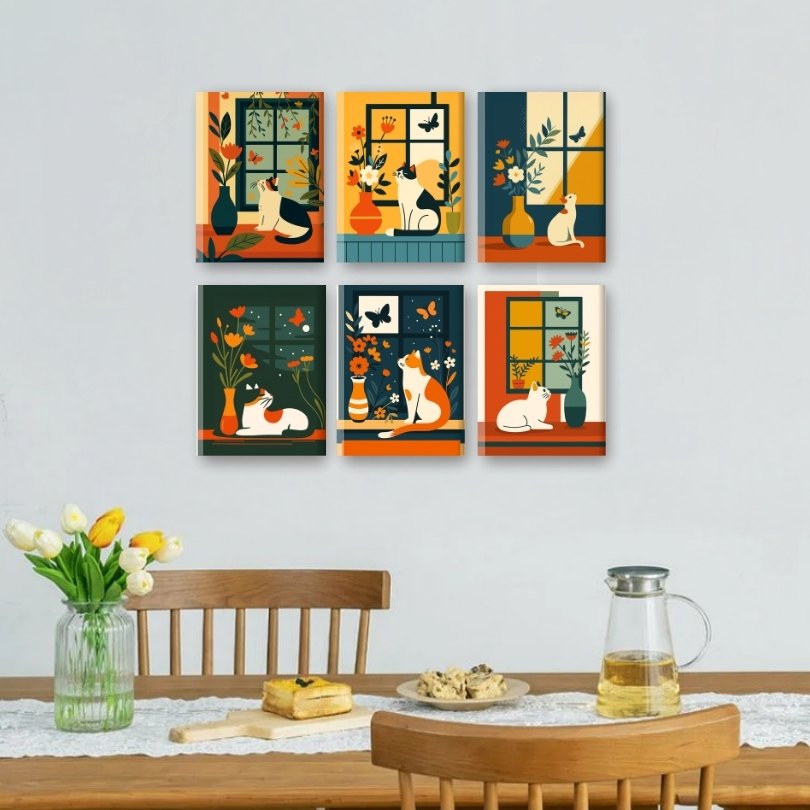 6 Mini Paintings | Cats at the Window Set