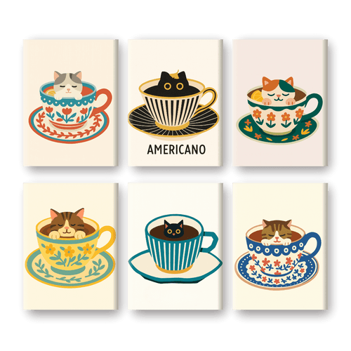 6 Mini Paintings -   Cats in Coffee Cups Set