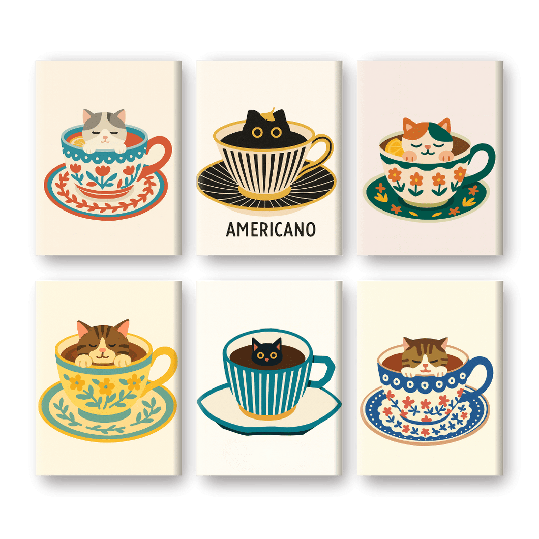 6 Mini Paintings     Cats in Coffee Cups Set