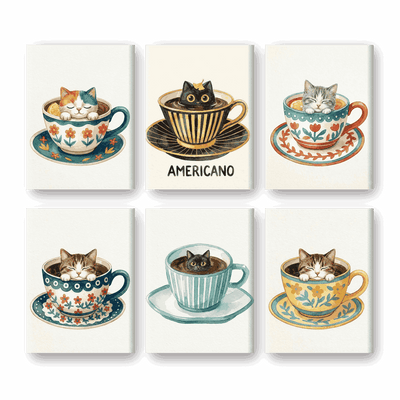 6 Mini Paintings - Cats in Cups Set