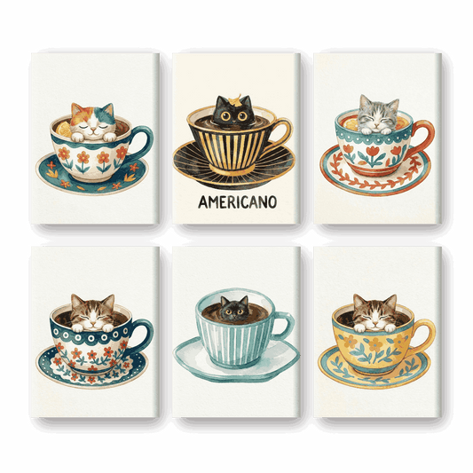 6 Mini Paintings - Cats in Cups Set- Paint by Numbers