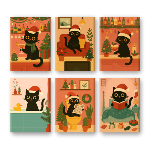 6 Mini Paintings - Christmas Cat Set