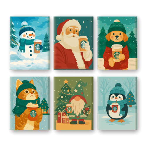6 Mini Paintings - Christmas Coffee Friends Set