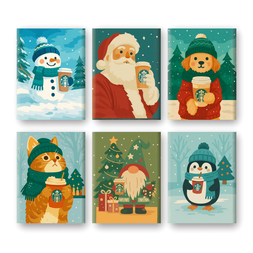 6 Mini Paintings   Christmas Coffee Friends Set