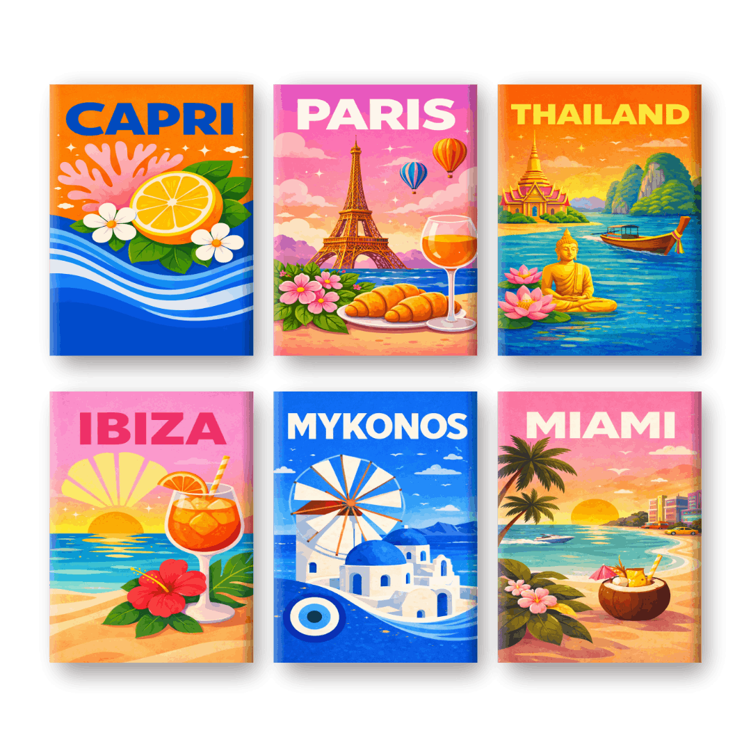 6 Mini Paintings - Colorful Travel Posters Set- Paint by Numbers