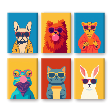6 Mini Paintings | Cool Animals Set-Paint by numbers