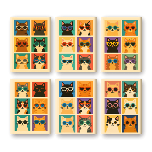 6 Mini Paintings - Cool Colorful Cats Set