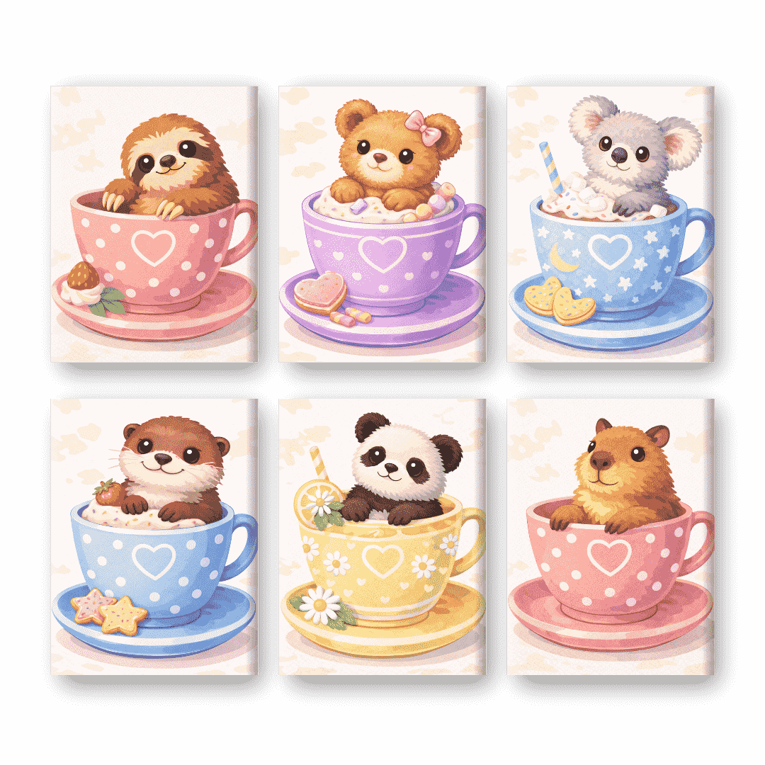 6 Mini Paintings - Cute Animals In Cups Set- Paint by Numbers