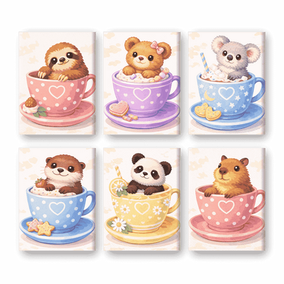 6 Mini Paintings - Cute Animals In Cups Set- Paint by Numbers