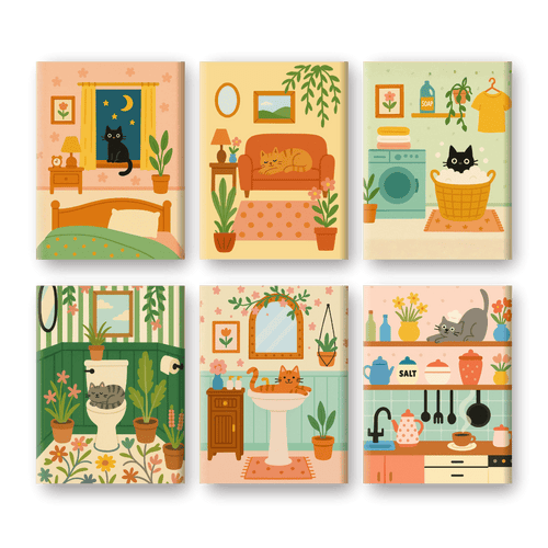 6 Mini Paintings - Cute Cat Set