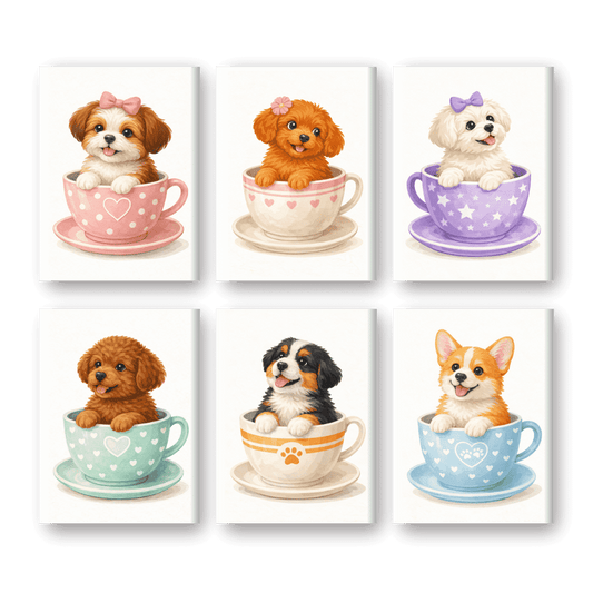 6 Mini Paintings - Cute Dogs in Cups Set- Paint by Numbers