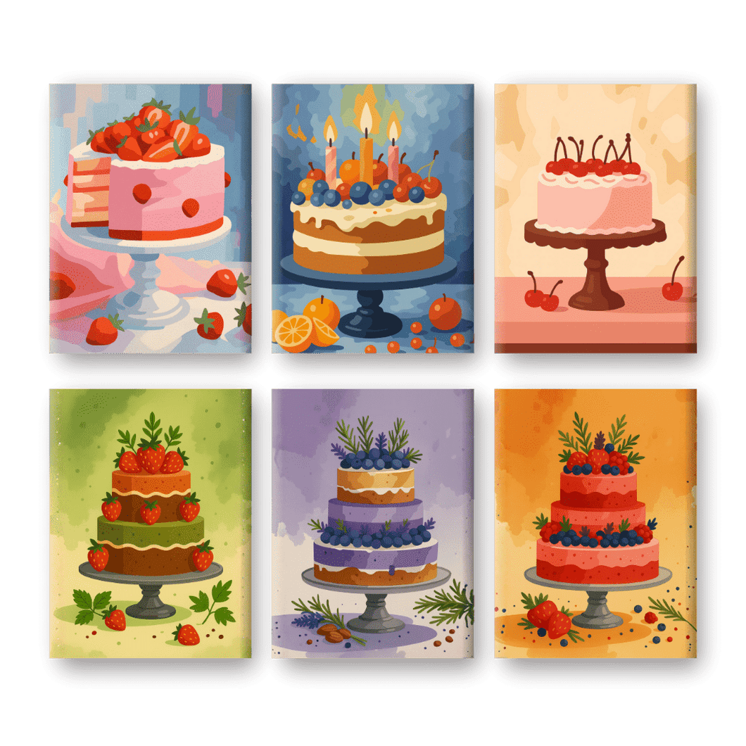 6 Mini Paintings   Delicious Cakes Set