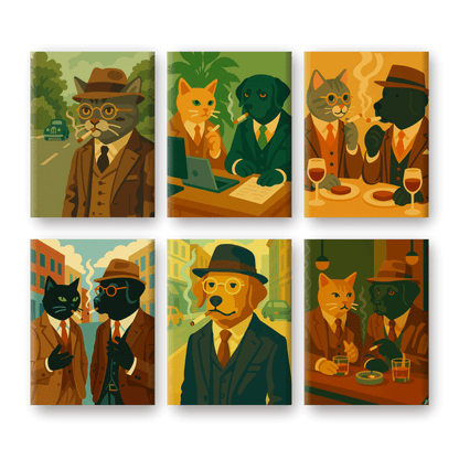 6 Mini Paintings | Detective Cat & Dog Set- Paint by Numbers