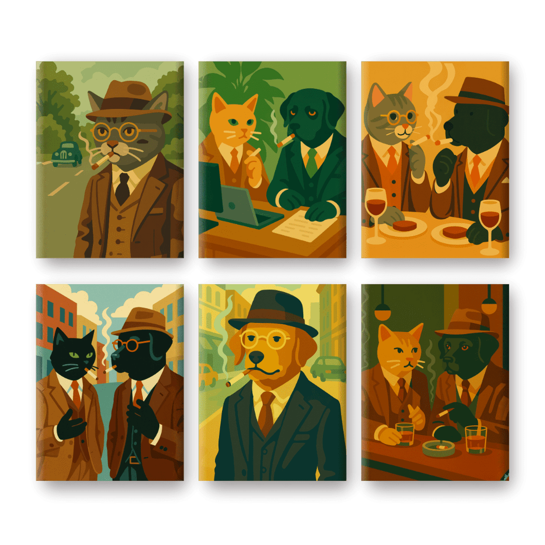 6 Mini Paintings | Detective Cat & Dog Set