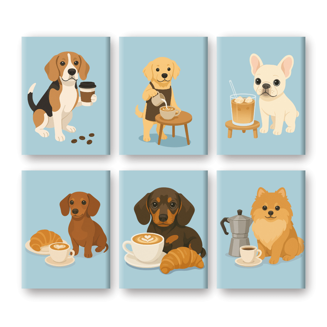 6 Mini Paintings - Dogs & Coffee Set-Paint by numbers