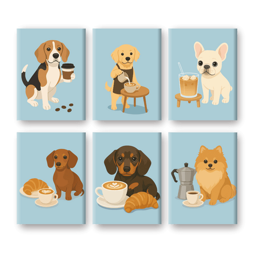 6 Mini Paintings - Dogs & Coffee Set