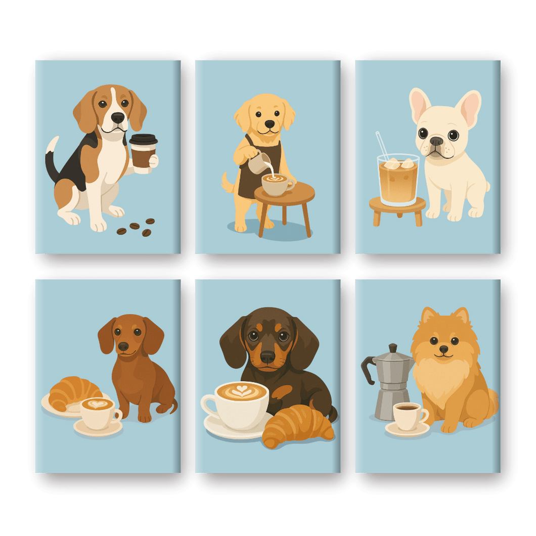 6 Mini Paintings   Dogs & Coffee Set