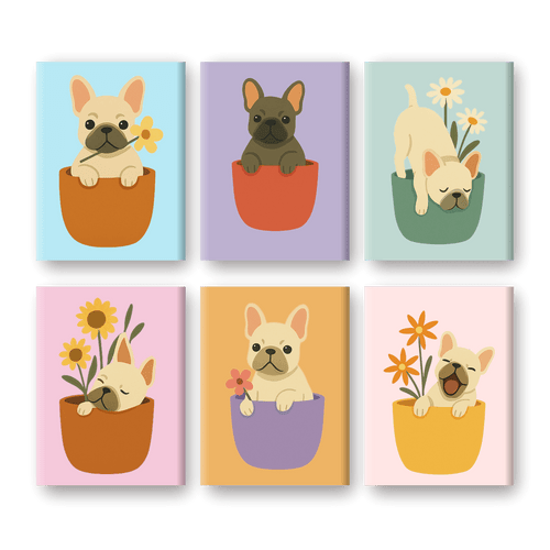 6 Mini Paintings -  Dogs & Flowers Set